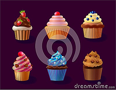 Cupcakes isolated illustration, cakes graphic design in different colors, Cartoon Illustration